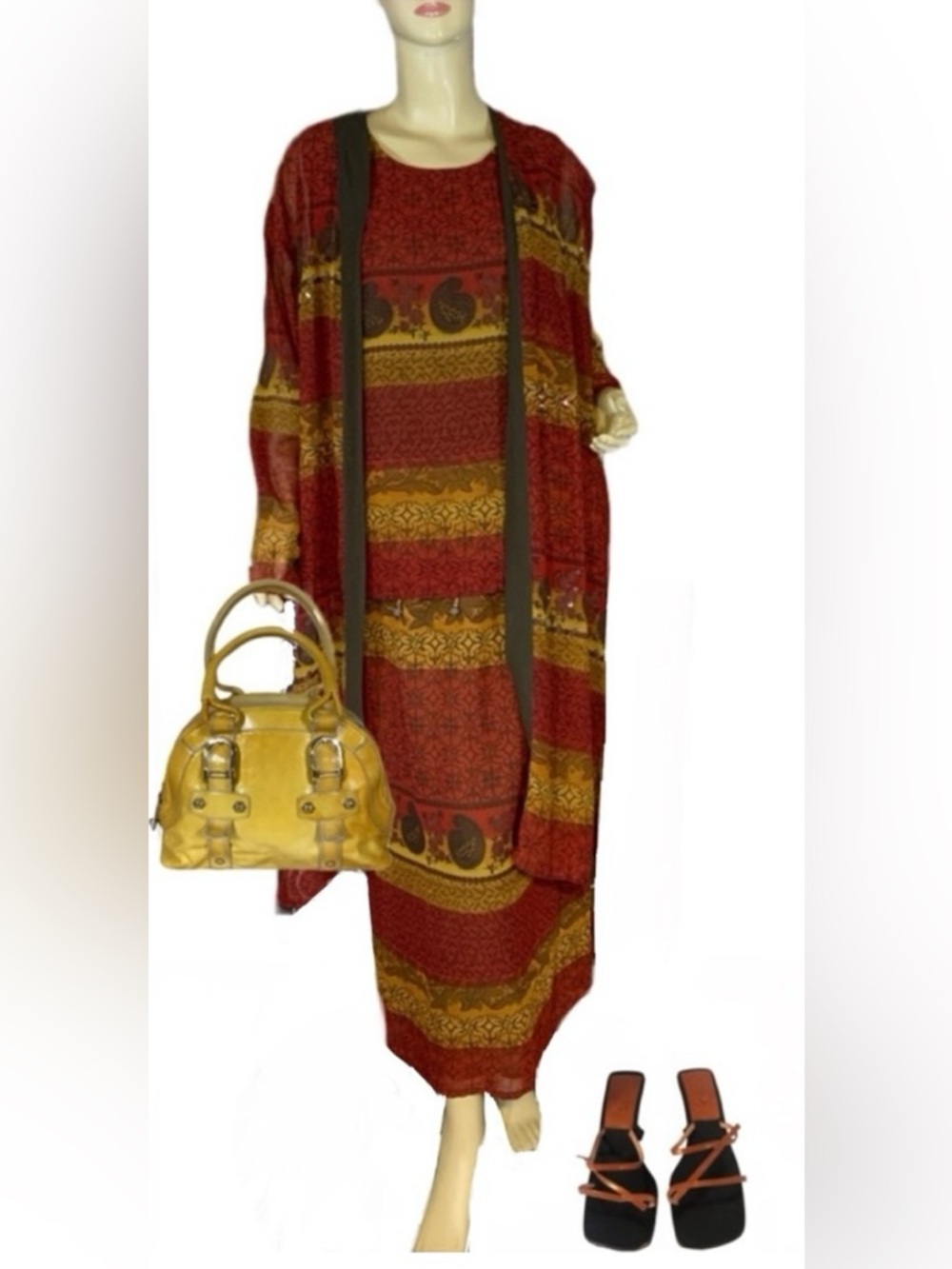 ERICA BROOKE COLLECTION RED, GOLD & BROWN SKIRT, TUNIC & CARDIGAN SET NWT (14)